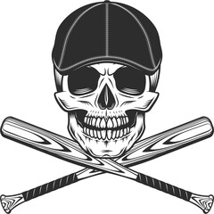 Skull in gangster gatsby tweed hat flat cap with baseball bat illustration