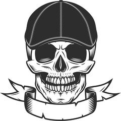 Skull in gangster gatsby tweed hat flat cap with ribbon vintage illustration