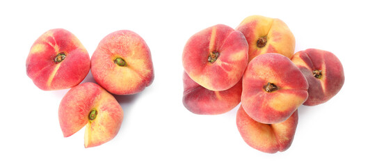 Collage with fresh flat peaches on white background, top view