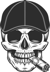 Skull smoking cigar or cigarette in gangster gatsby tweed hat flat cap vintage illustration