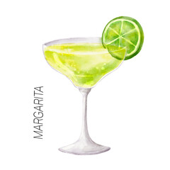 Lime Margarita cocktail. Watercolor illustration of drink in glass isolated on white background