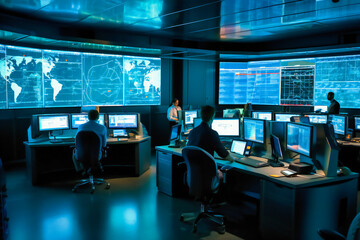 Data scientists collaborate in a futuristic control room filled with holographic big data displays