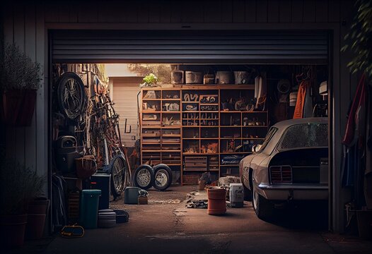 An unorganized garage filled with a lot of stuff in a neighborhood. Generative AI