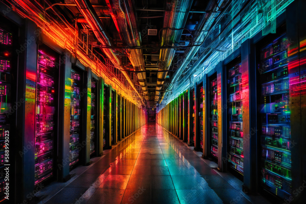 Poster camera glides through a vast server farm, revealing the intricate infrastructure of big data technol