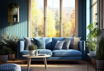Sunny Living Room in Spring with Blue Sofa and Nature Views Through Modern Windows Made with Generative AI