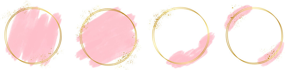 Gold frame with abstract splashes of pink watercolor brush strokes for logos, banners, cards, covers, flyers, and posters, watercolor strokes with gold frame - obrazy, fototapety, plakaty
