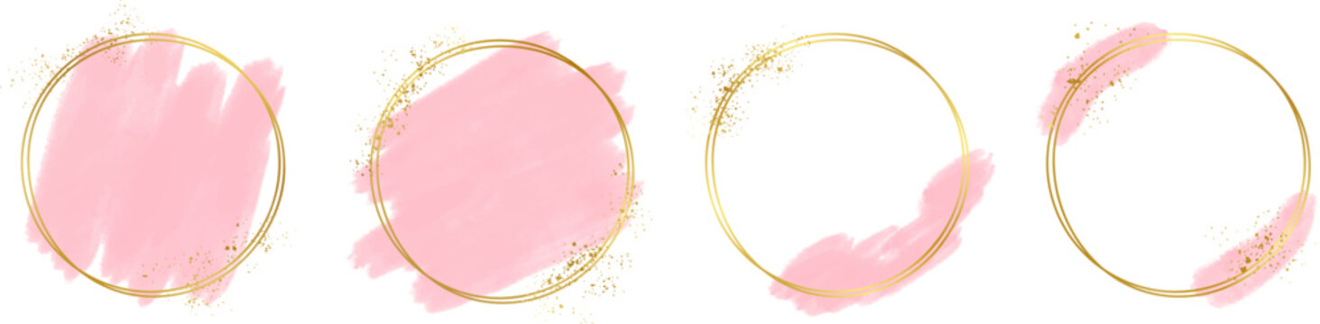Gold frame with abstract splashes of pink watercolor brush strokes for logos, banners, cards, covers, flyers, and posters, watercolor strokes with gold frame