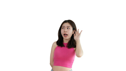 Asian woman eavesdropping or overhearing secret conversation isolated on yellow background, Gossip,...