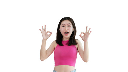 Obraz na płótnie Canvas Young asian woman over yellow background doing ok sign with hands, OK symbol, Welcome, Agree, Join, Do as instructed, Follow orders, Acceptance of all conditions.