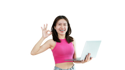 Asian woman in casual clothes holding working laptop in freelance work concept with single laptop can earn money, Invitation to apply or register to receive special privileges and prizes.