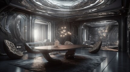Shiny Silver and Pewter Accentuate Stunning Futuristic Interior with Award-Winning Design, Intricate 8K HD Digital Art, and Unique Wallpaper, Generative AI