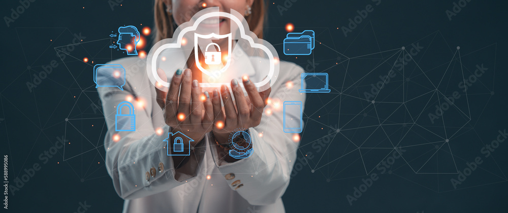 Poster cloud technology. cloud computing diagram show on hand. data storage. networking and internet servic