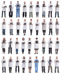 full length group of doctors with notepad isolated