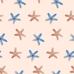 Sea bottom seamless pattern. Summer beach hand-drawn seaside vector print. Undersea world cartoon background with starfish. Seashore elements design for fabrics, wallpaper