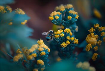 Fototapeta na wymiar Small yellow bright summer flowers and bee on a background of blue and green foliage in a fairy garden. Macro artistic image. Banner format. Generative AI