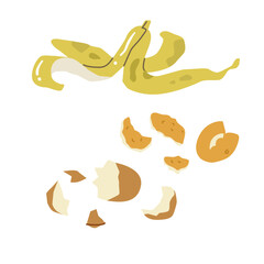 Rotten banana peel, orange peel, egg shell. Spoiled food, processing of food waste. Organic garbage. Vector illustration. Transparent background. Image for conservationists and waste recycling company