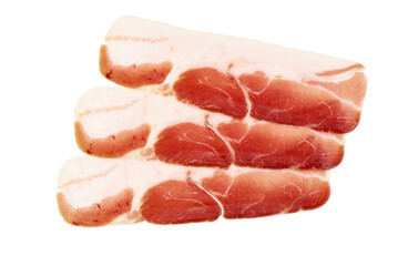 Italian prosciutto crudo or spanish jamon. Jerked meat, isolated on white background. High resolution image.