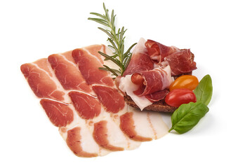 Italian prosciutto crudo or spanish jamon. Jerked meat, isolated on white background. High resolution image.