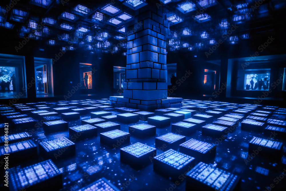 Poster camera glides through interconnected blue cubes with pulsating connections and hue shifts