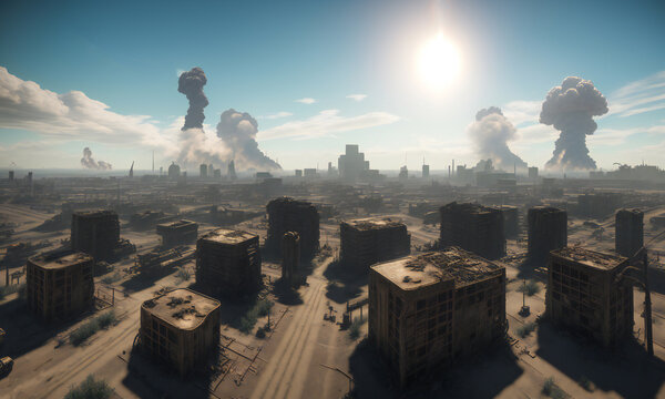 above view ruined city with clouds of smoke on the horizon. generative ai