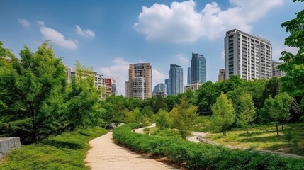 Obraz premium Public park and high-rise buildings cityscape. Generative AI