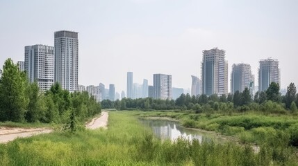 Obraz premium Public park and high-rise buildings cityscape. Generative AI