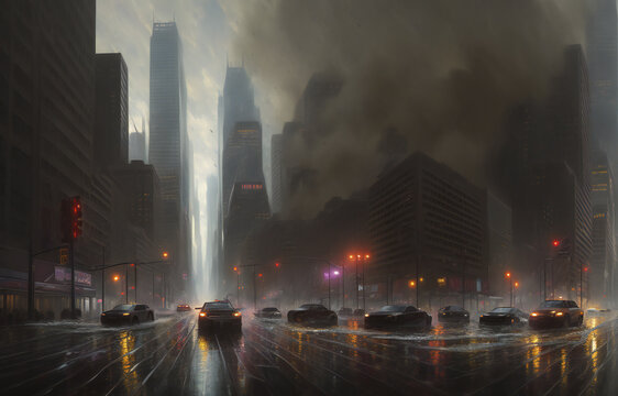 huge hurricane and flood in city with skyscrapers. generative ai