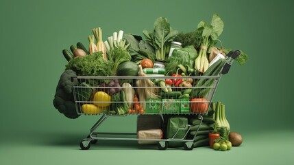 Grocery Shopping Cart with healthy organic food - Ai generated - Generative Ai