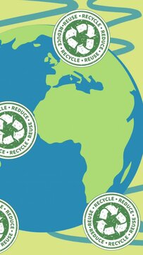 Animation of recycling signs over earth globe and green and blue background