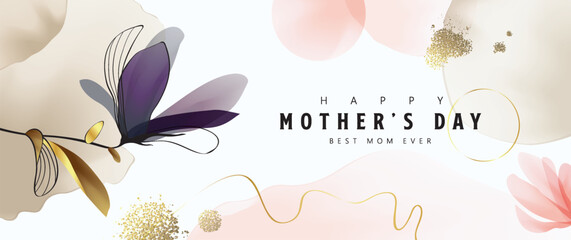 Happy Mother's Day Calligraphy abstract art background vector. Luxury minimal style wallpaper with golden line art flower and botanical leaves, watercolor. Vector background for banner, poster.