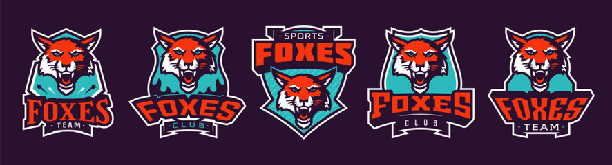 Set of sports logos with fox mascots. Colorful collection sports emblem with fox mascot and bold font on shield background. Logo for esport team, athletic club. Isolated vector illustration