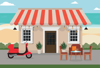 a small house next to the beach and the sea and a moped with tables in a cafe