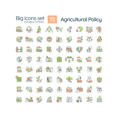 Agriculture policy RGB color icons set. Agribusiness regulation laws. Farmers support programs. Isolated vector illustrations. Simple filled line drawings collection. Editable stroke