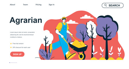 Agrarian concept for landing page template. Farmer with wheelbarrow works on farm and harvesting. Gardening and planting people scene. Vector illustration with flat character design for web banner