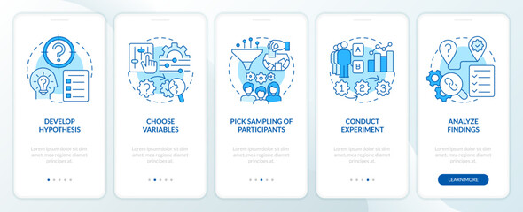 How to conduct causal research blue onboarding mobile app screen. Walkthrough 5 steps editable graphic instructions with linear concepts. UI, UX, GUI template. Myriad Pro-Bold, Regular fonts used