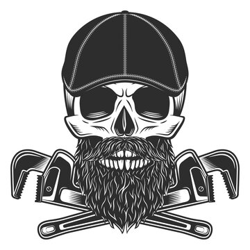 Skull with beard and mustache in gangster gatsby tweed hat flat cap with construction plumbing adjustable wrench service repair tool vector illustration