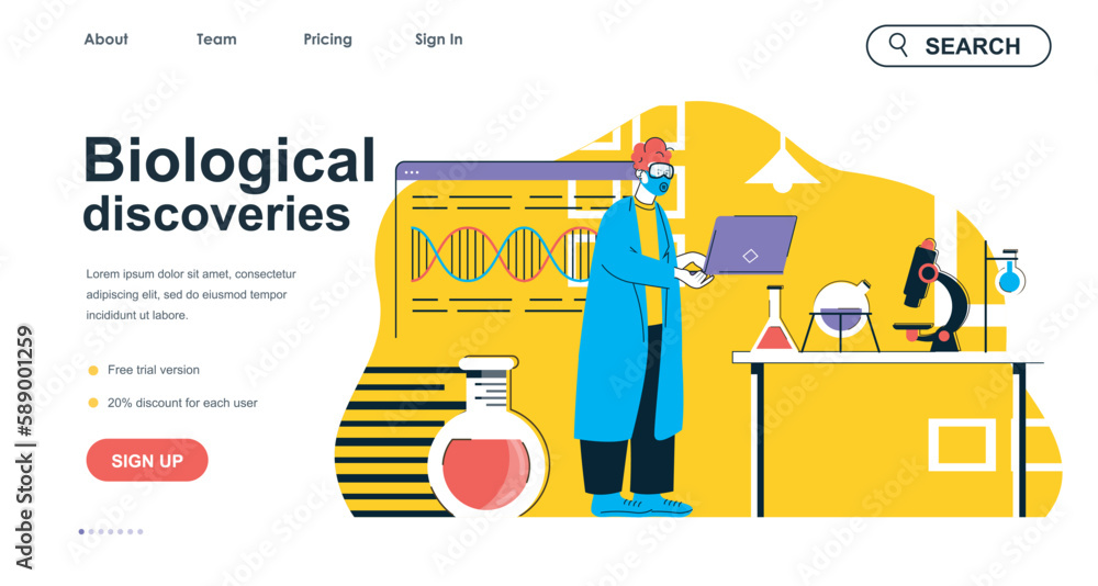 Poster biological discoveries concept for landing page template. scientist in mask does research and scient