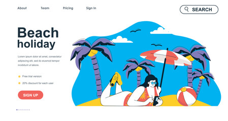 Beach holiday concept for landing page template. Woman in swimsuit sunbathing on tropical beach. Vacation at seaside resort people scene. Vector illustration with flat character design for web banner