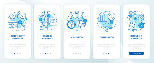 Causal research variables blue onboarding mobile app screen. Walkthrough 5 steps editable graphic instructions with linear concepts. UI, UX, GUI template. Myriad Pro-Bold, Regular fonts used