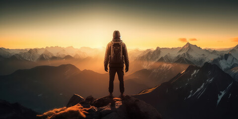 The Ultimate High: Hiker Reaching Mountain Peak. Generative AI