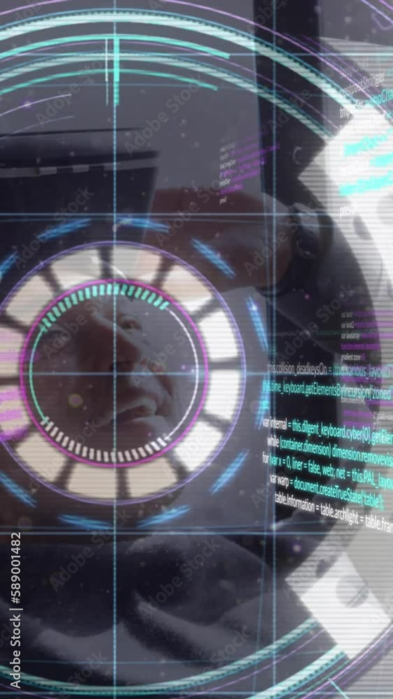 Poster animation of data processing and scope scanning over caucasian man with vr headset