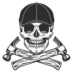 Skull in gangcter gatsby tweed hat flat cap with construction hammer repair service tool vintage vector illustration