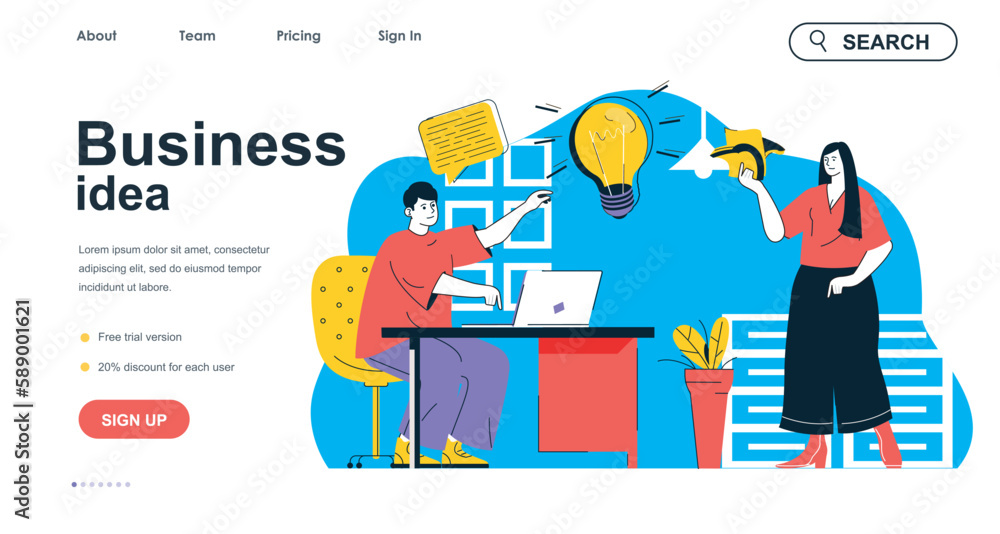 Wall mural business idea concept for landing page template. team brainstorming and find creative solution. team