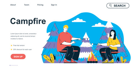 Campfire camping concept for landing page template. Man and woman fries marshmallows at campsite in forest. Outdoor activity people scene. Vector illustration with flat character design for web banner