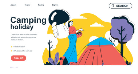 Camping holiday concept for landing page template. Woman resting with tent in forest and picking mushrooms. Outdoor activity people scene. Vector illustration with flat character design for web banner