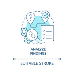 Analyze findings turquoise concept icon. Data control. How to conduct causal research abstract idea thin line illustration. Isolated outline drawing. Editable stroke. Arial, Myriad Pro-Bold fonts used - obrazy, fototapety, plakaty