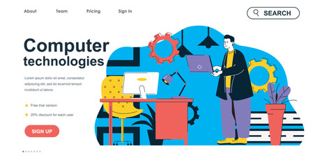 Computer technologies concept for landing page template. Developer working on laptop and creating software. Programming people scene. Vector illustration with flat character design for web banner