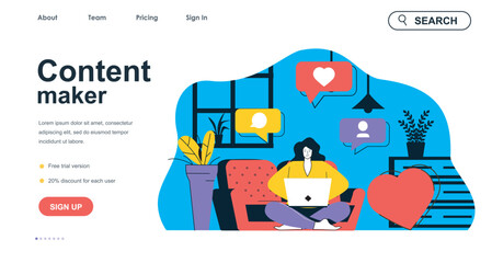 Content maker concept for landing page template. Woman creates content for social networks. Blogging and business promotion people scene. Vector illustration with flat character design for web banner