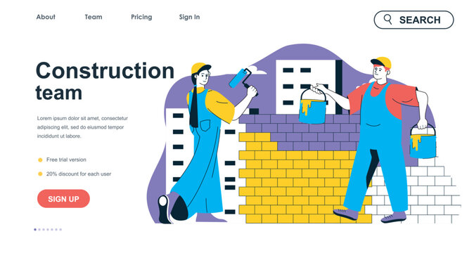Construction team concept for landing page template. Woman painting walls and man working on building site. Real estate people scene. Vector illustration with flat character design for web banner