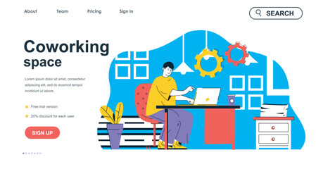 Coworking space concept for landing page template. Man working on laptop in comfortable open office. Coworker workplace people scene. Vector illustration with flat character design for web banner